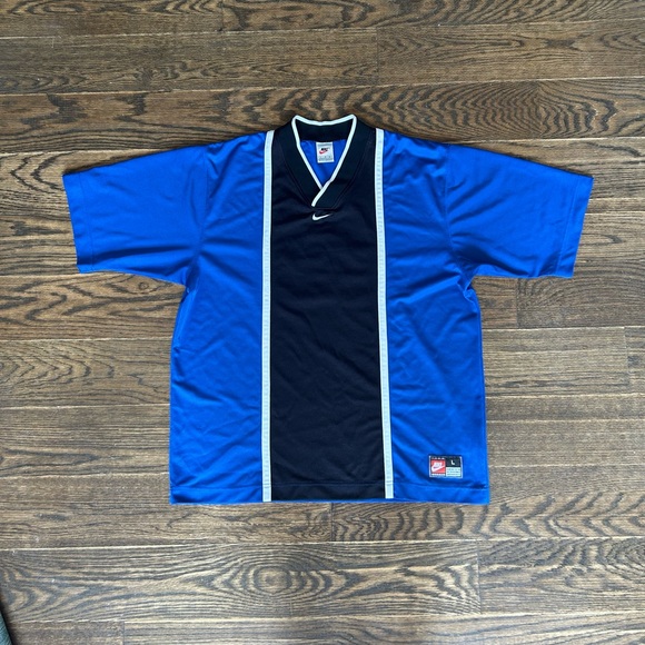 Nike Middle Swoosh Soccer Jersey - Blue/Black Stripe - Late 90s - L - Picture 1 of 3